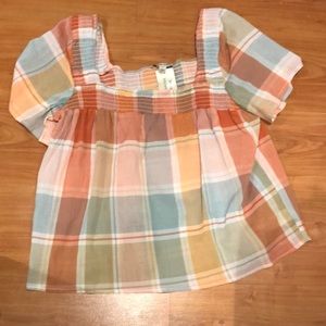 Alexander Jordan orange/blue plaid lightly smocked top. Size L. New w tags